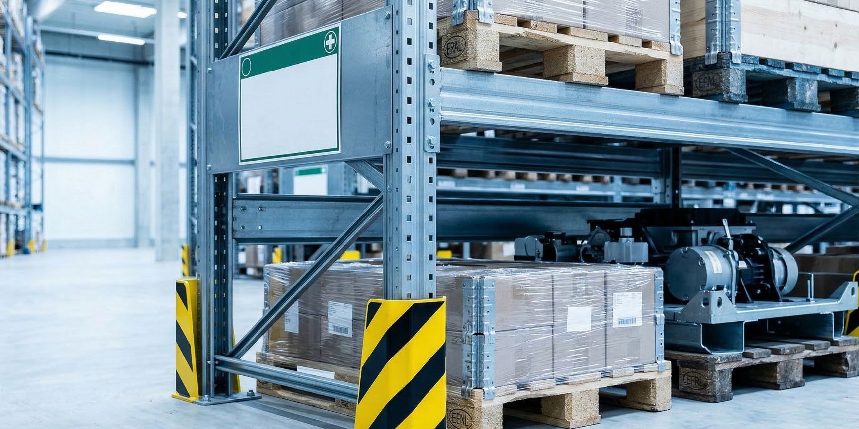 Close-up of the base of a wide-aisle rack. A yellow and black collision protection secures the shelf post. On the shelf are a Euro pallet and a wider industrial pallet. A steel strut as a push-through protection can be seen in the background.